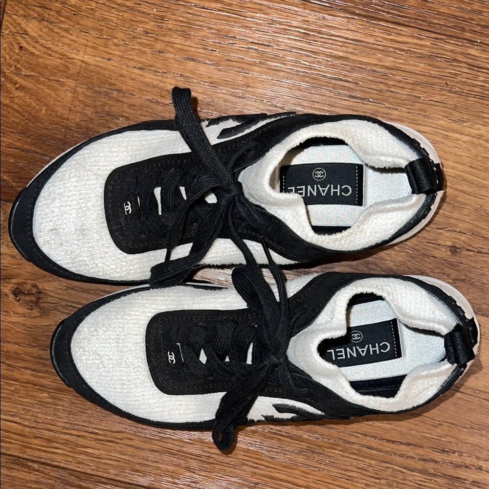 Chanel Black and White Fly Knit Sneakers